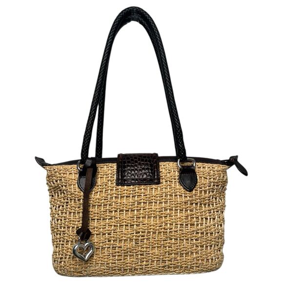 VTG Brighton Purse Brown Leather Straw Woven Double Handle Heart Boho 90s Y2K - Picture 2 of 16